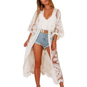 🆕Women White Lace Kimono Bikini Swimsuit Cover Up Beach Floral Dress